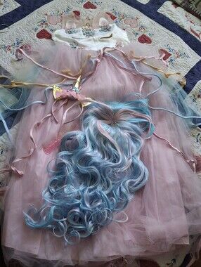 Girls 7/8 Unicorn Formal Dress Costume With Cosplay Multi-Colored Long Wig Tiara